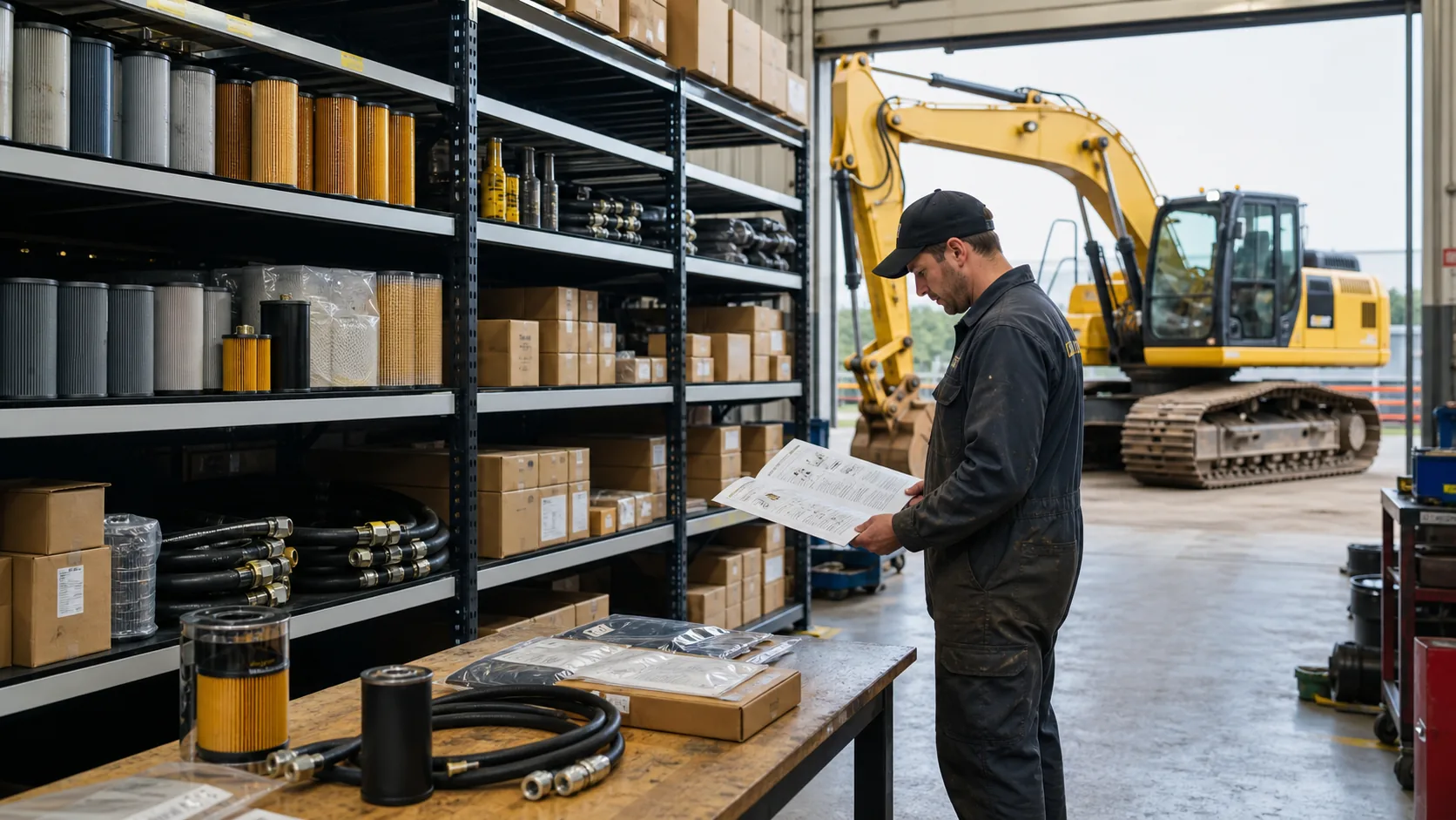 Mechanic checking used excavator parts availability in an organized service warehouse
