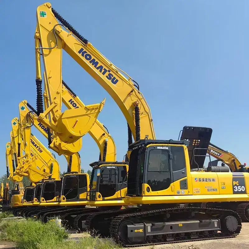 Used excavators displayed at a machinery yard in China