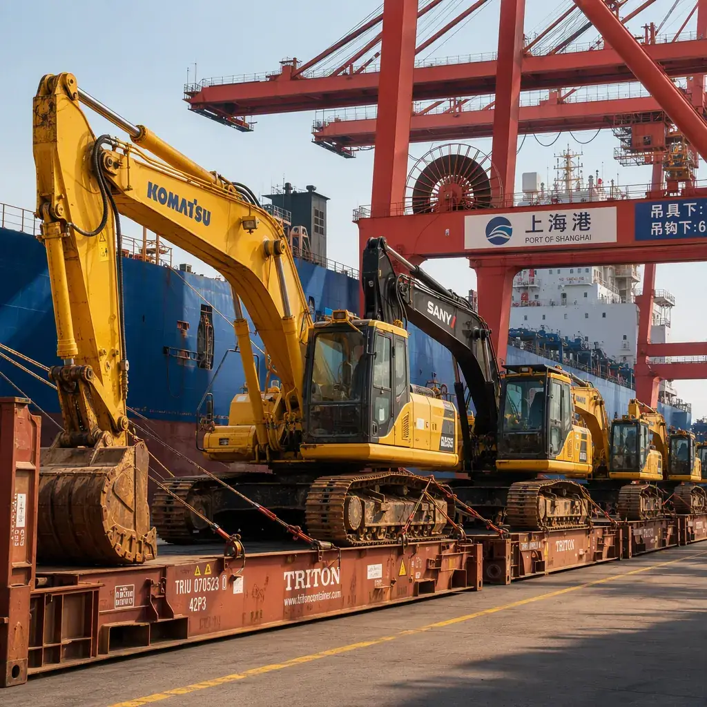 Heavy machinery export logistics at Shanghai port, loading used excavators onto flat rack containers