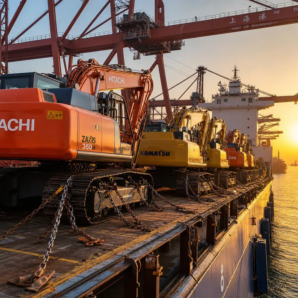 Global machinery export logistics at Shanghai Port, loading refurbished Hitachi and Komatsu excavators