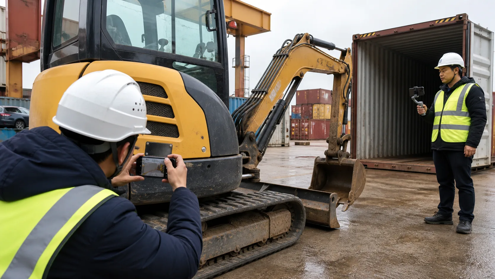Inspectors recording a used mini excavator serial plate and walkaround video before export