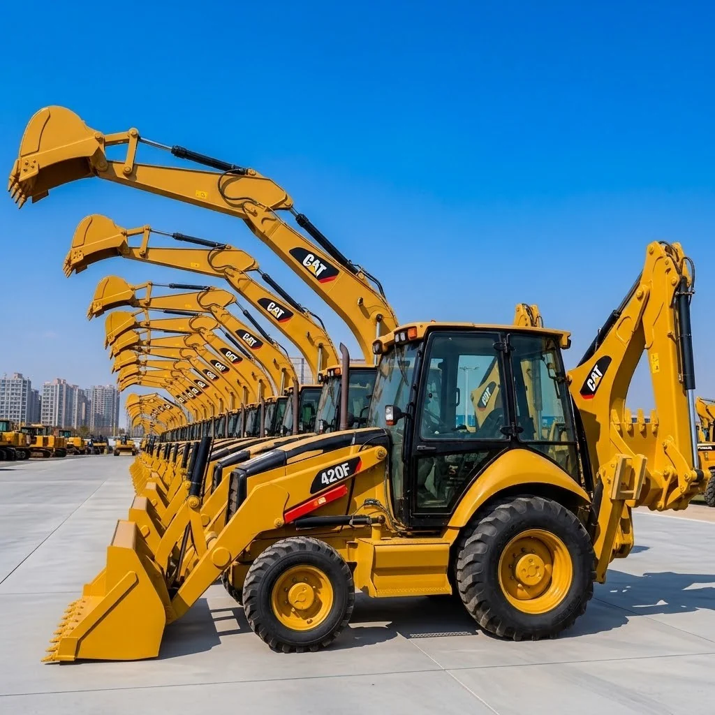 Line of used backhoe loaders displayed at a machinery supplier yard in China