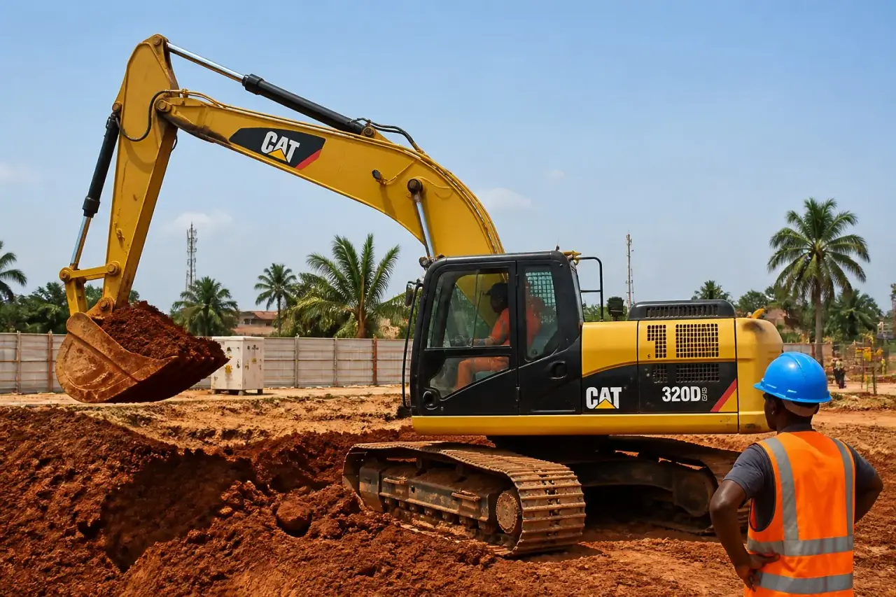Refurbished used Caterpillar 320D excavator working on a Nigerian construction site with local operators