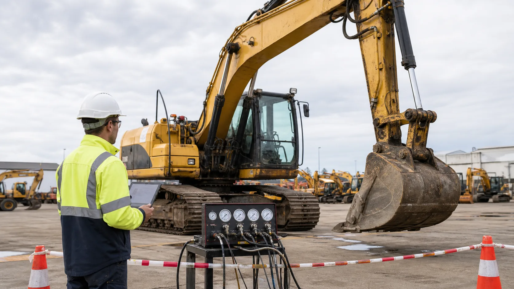 Technician observing a safe multifunction hydraulic test on a used crawler excavator