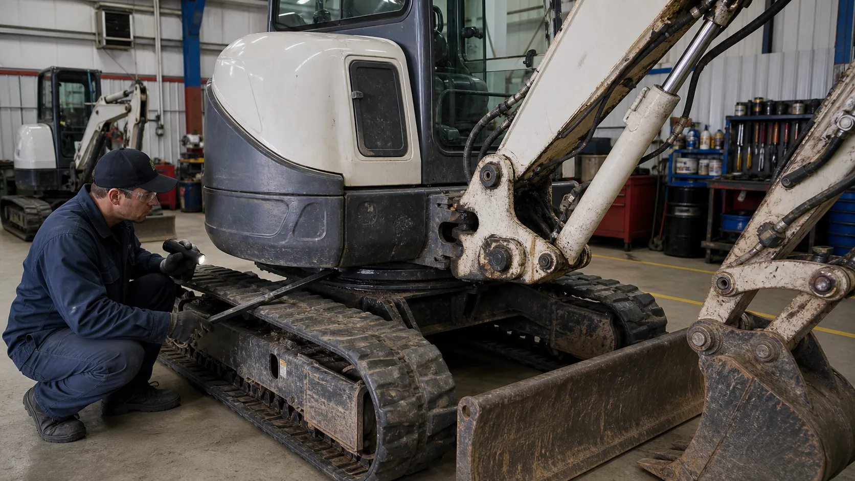 Technician inspecting slew-ring play, boom pins and undercarriage wear on a used mini excavator