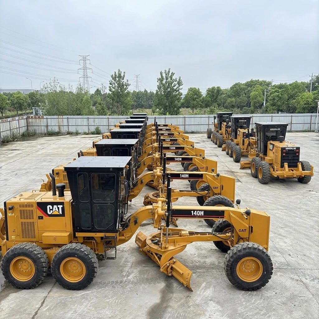 Line of used motor graders displayed at a machinery supplier yard in China