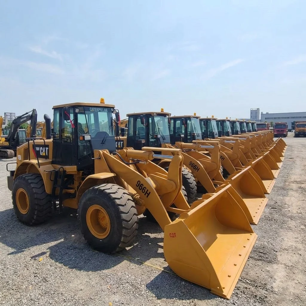 Line of used wheel loaders displayed at a machinery supplier yard in China